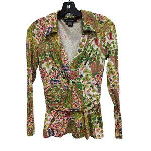 Vintage Etcetera Womens BOHO Top Small Green Paisley Empire Waist Collared Retro